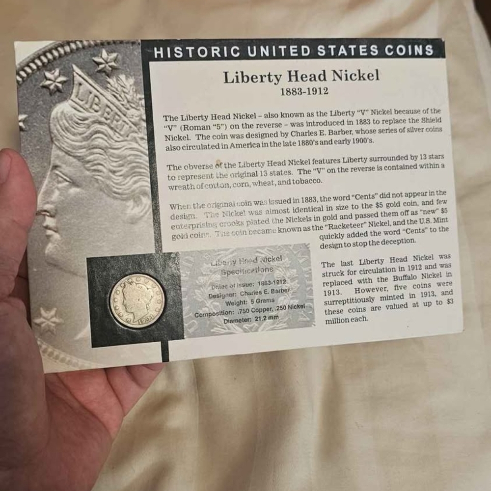 1901 Liberty V Nickel With History Card And COA